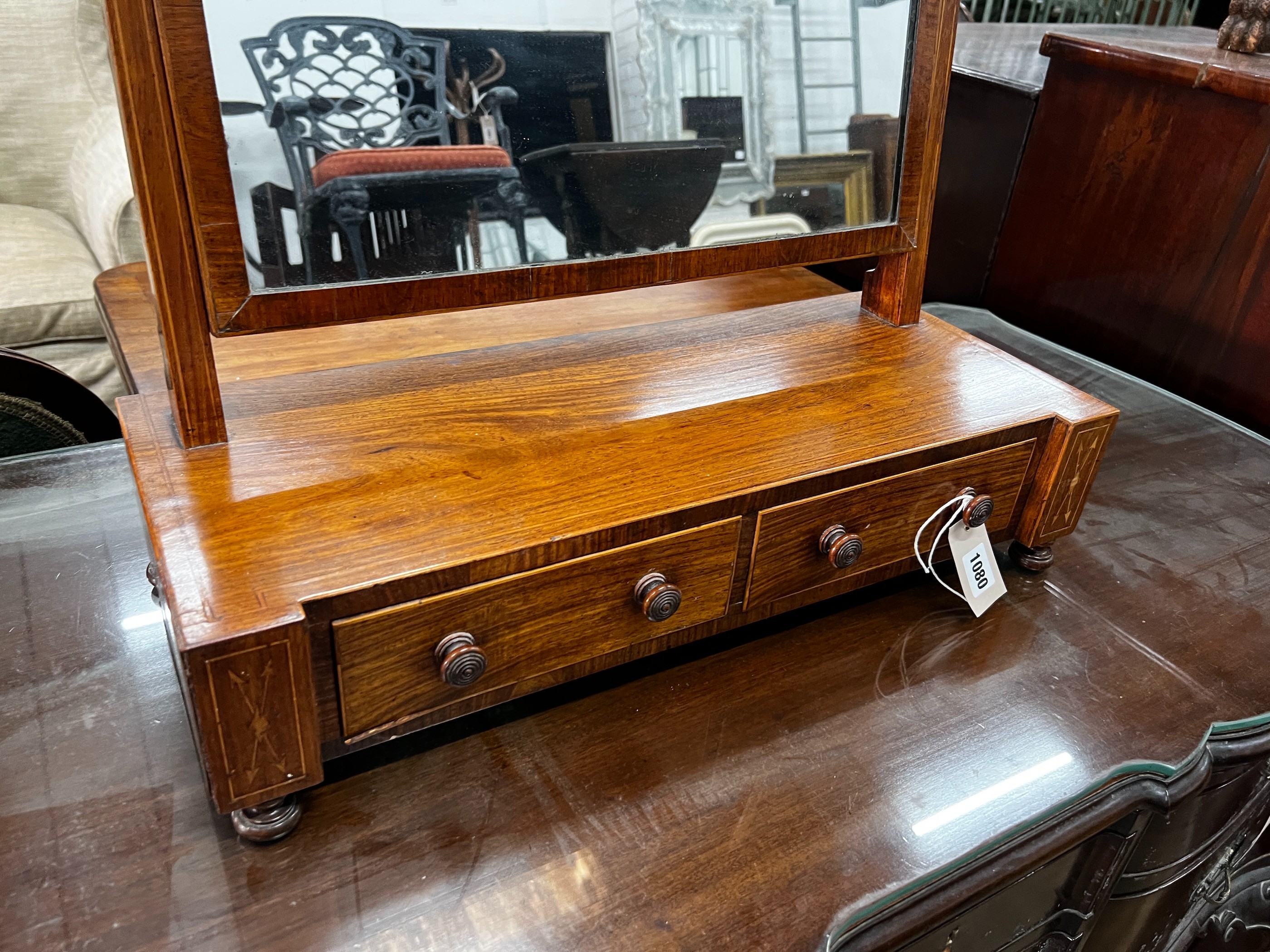 A George III inlaid mahogany toilet mirror, width 58cm, depth 24cm, height 58cm